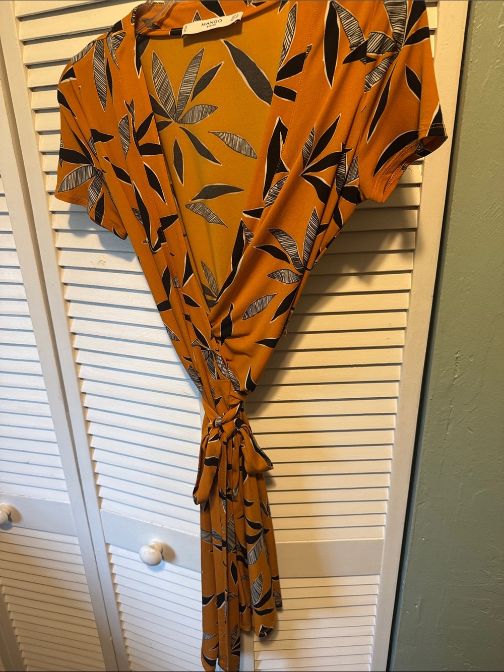 Mango Mustard Wrap Dress with Black and White Leaf Print